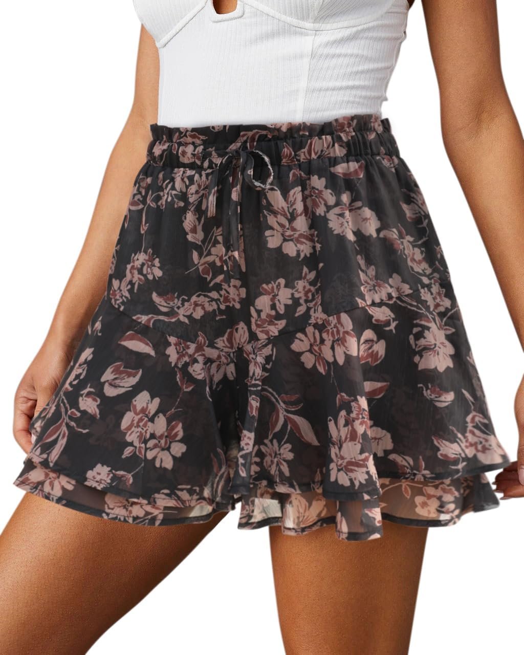 Women Bohemian Ruffle Trim Chiffon Skort,  Butterfly Pattern Flow Shorts for Tennis & Daily Running