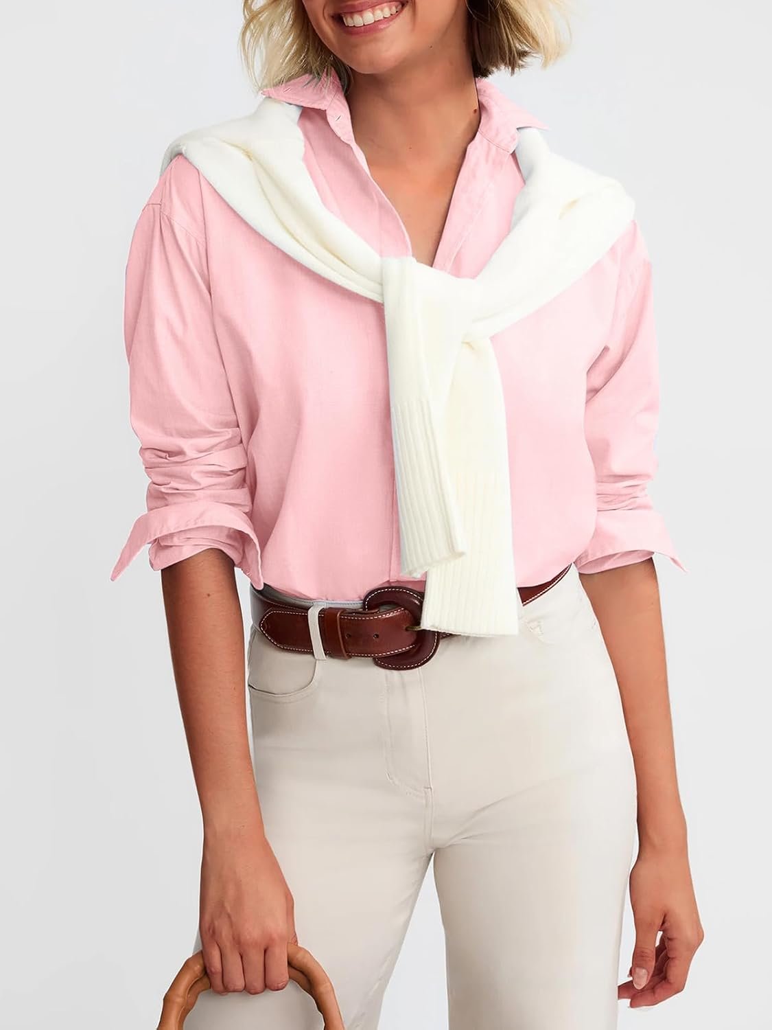 Ladies Collared Solid Cotton Oxford Dress Shirt, Long‑Sleeve Button‑Down Tunic for Office Daily Wear - Image 4