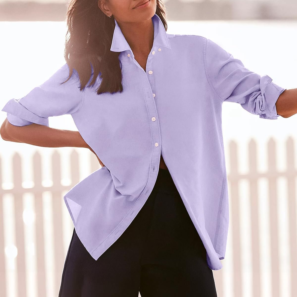 Ladies Long‑Sleeve Cotton Oxford Button Front Shirt, Solid Collared Dress Blouse for Office Casual Wear - Image 3