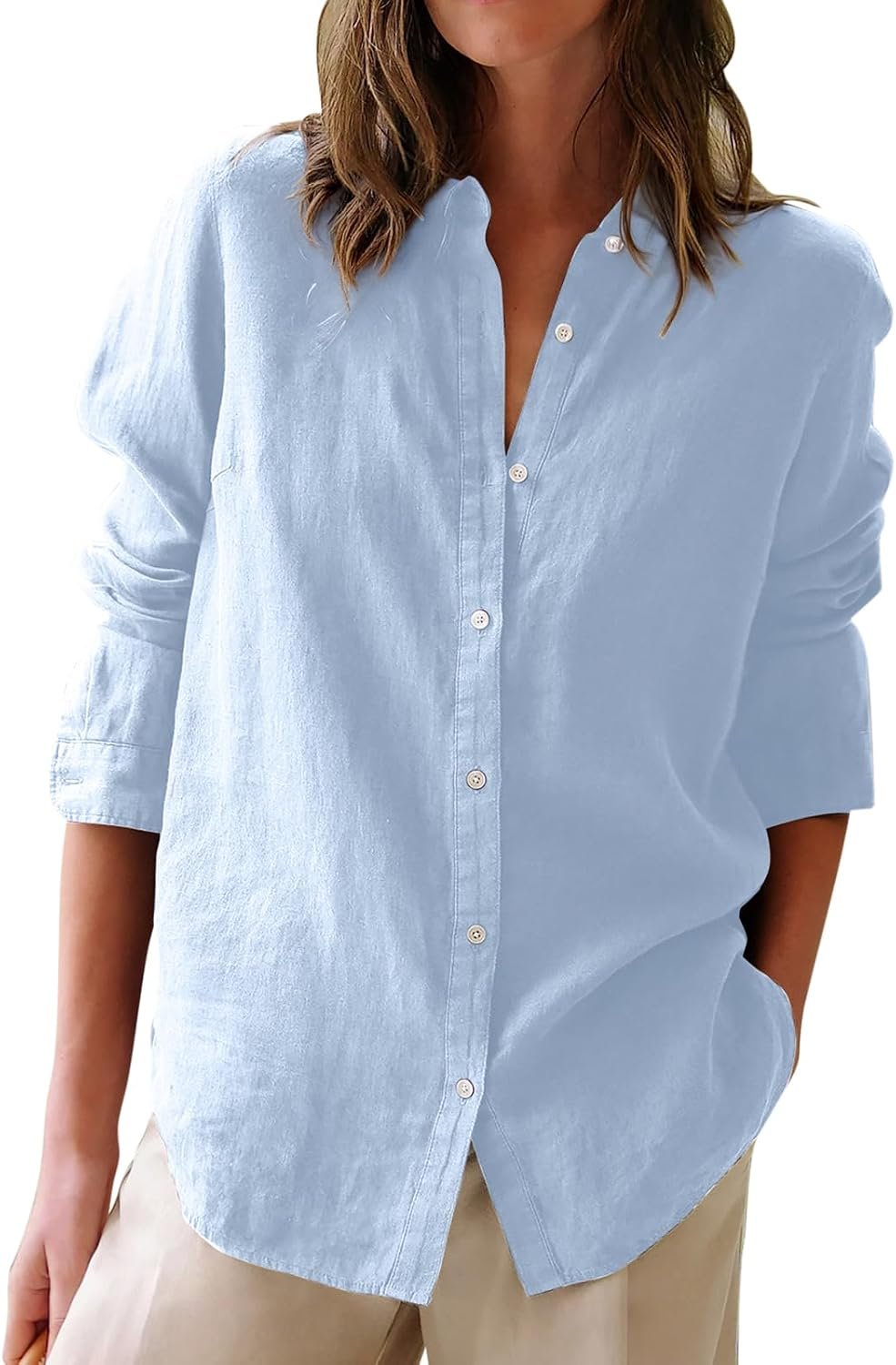 Ladies Solid Collared Oxford Dress Blouse, Long Sleeve Cotton Button‑Down Tunic Top for Office Casual