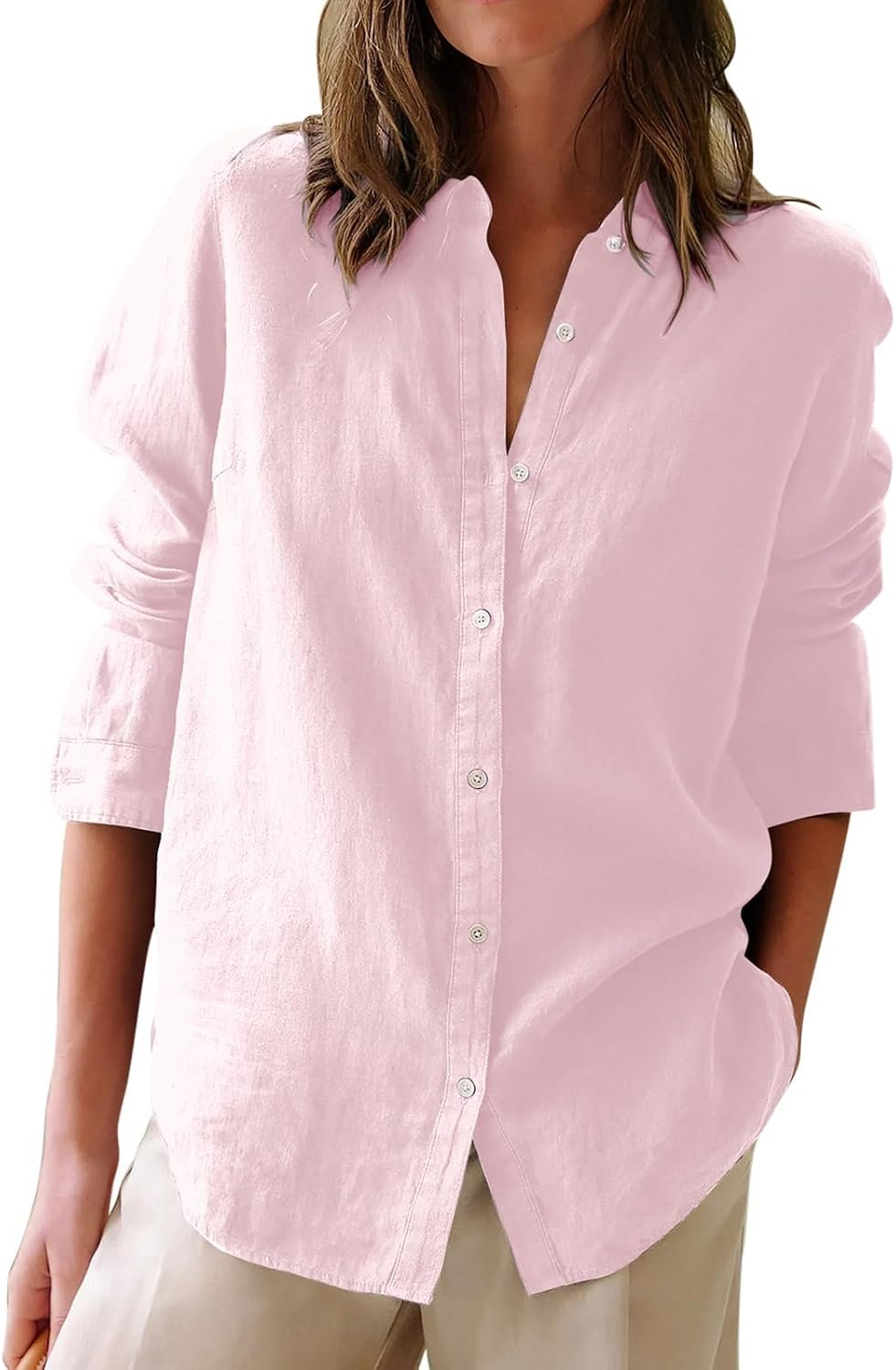 Women Collared Solid Cotton Oxford Tunic Blouse, Long Sleeve Button‑Down Shirt for Work and Casual Use