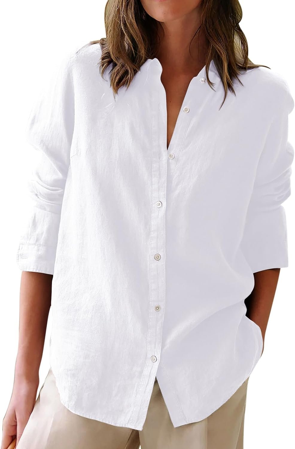 Women’s Long‑Sleeve Cotton Oxford Button‑Down Shirt, Collared Solid Tunic Blouse for Work & Casual Style