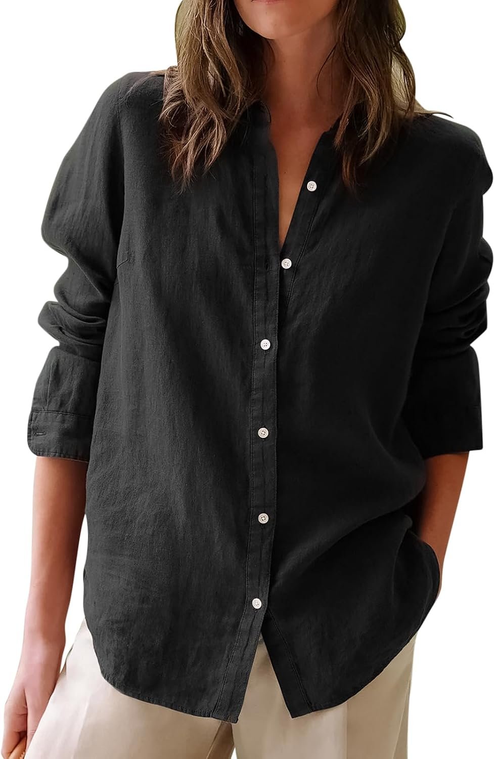 Cotton Oxford Long‑Sleeve Button‑Down Shirt for Women, Solid Collared Tunic Blouse for Work Daily Look