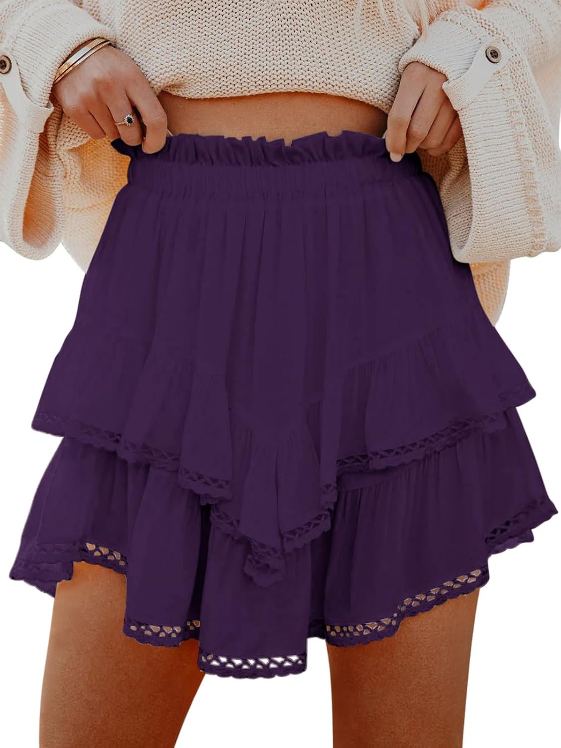 Ladies Casual High‑Rise Boho Tiered Ruffle Skort, Crochet Mini Skirt for Golf and Tennis Activities