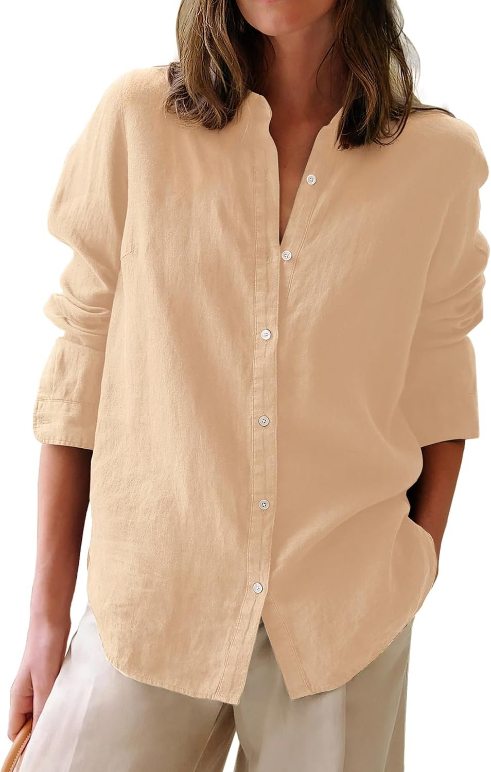 Ladies Solid Oxford Collared Tunic Blouse, Long‑Sleeve Cotton Button‑Down Shirt for Office Casual Look