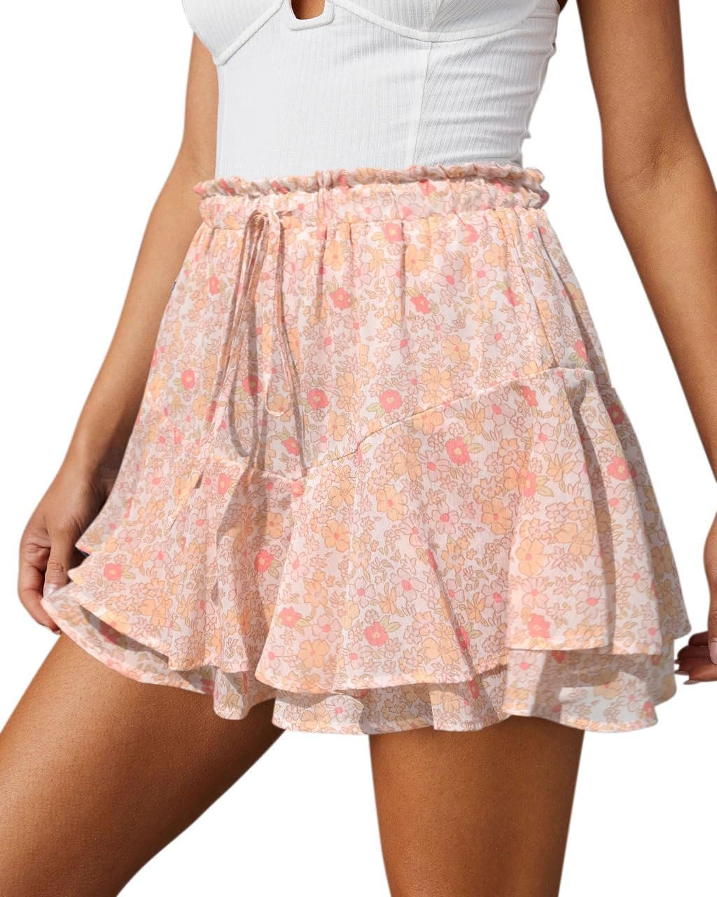 Boho Floral Ruffled Chiffon Skort, Women’s Flow‑Fit Mini Shorts for Tennis Matches and Daily Jogging