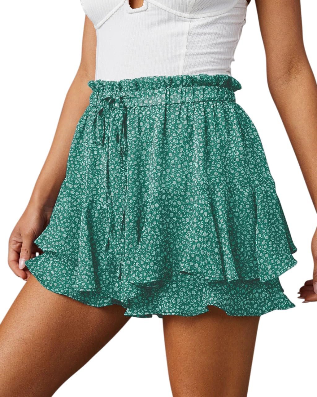 Casual Boho Floral Ruffle Mini Skort, Breathable Chiffon Flow Shorts for Women’s Tennis and Running