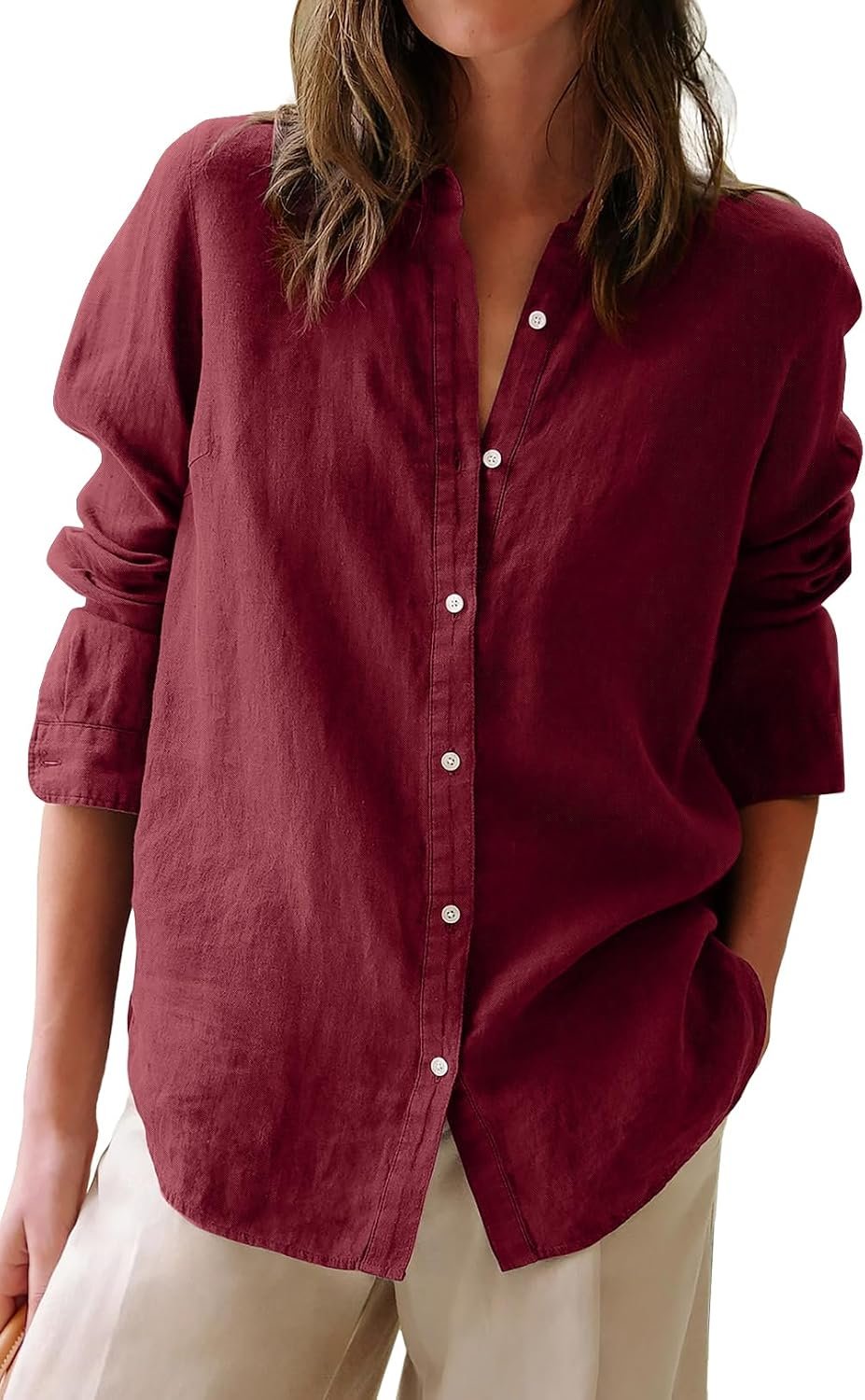 Women Solid Collared Oxford Tunic Top, Cotton Long‑Sleeve Button‑Down Dress Shirt for Office Style