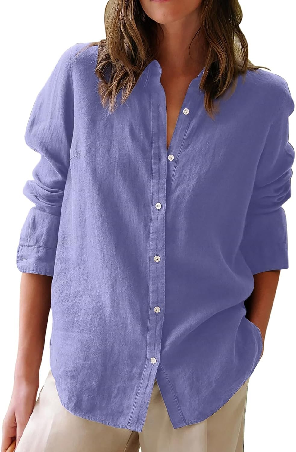 Women Cotton Oxford Long‑Sleeve Button‑Down Blouse, Solid Collared Tunic Top for Work & Casual Occasion
