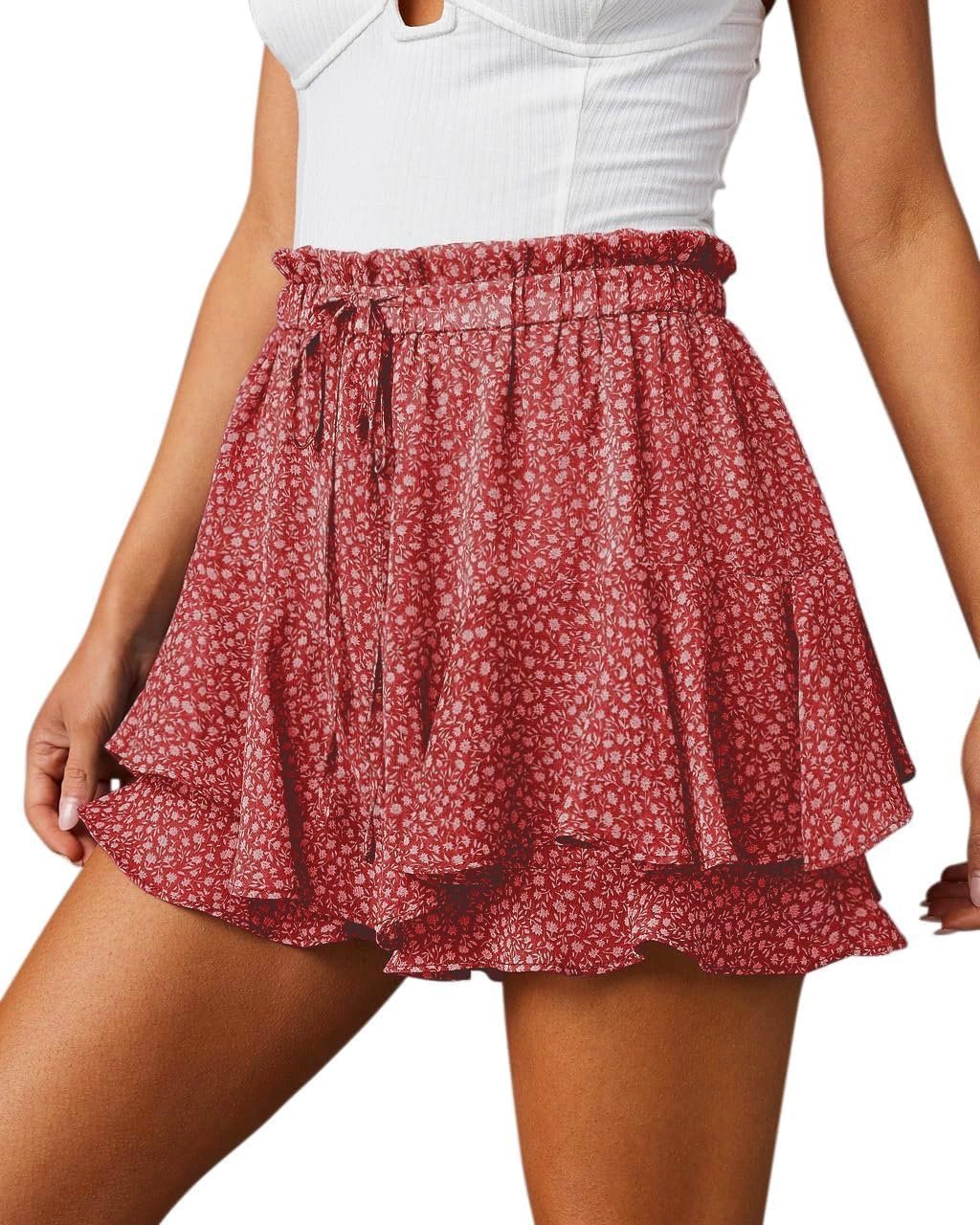 Women Boho‑Inspired Floral Ruffle Mini Skort, Airy Chiffon Flow Shorts for Running and Tennis Sports