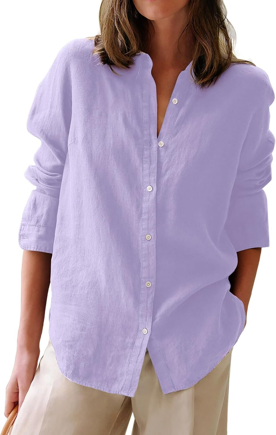 Ladies Long‑Sleeve Cotton Oxford Button Front Shirt, Solid Collared Dress Blouse for Office Casual Wear