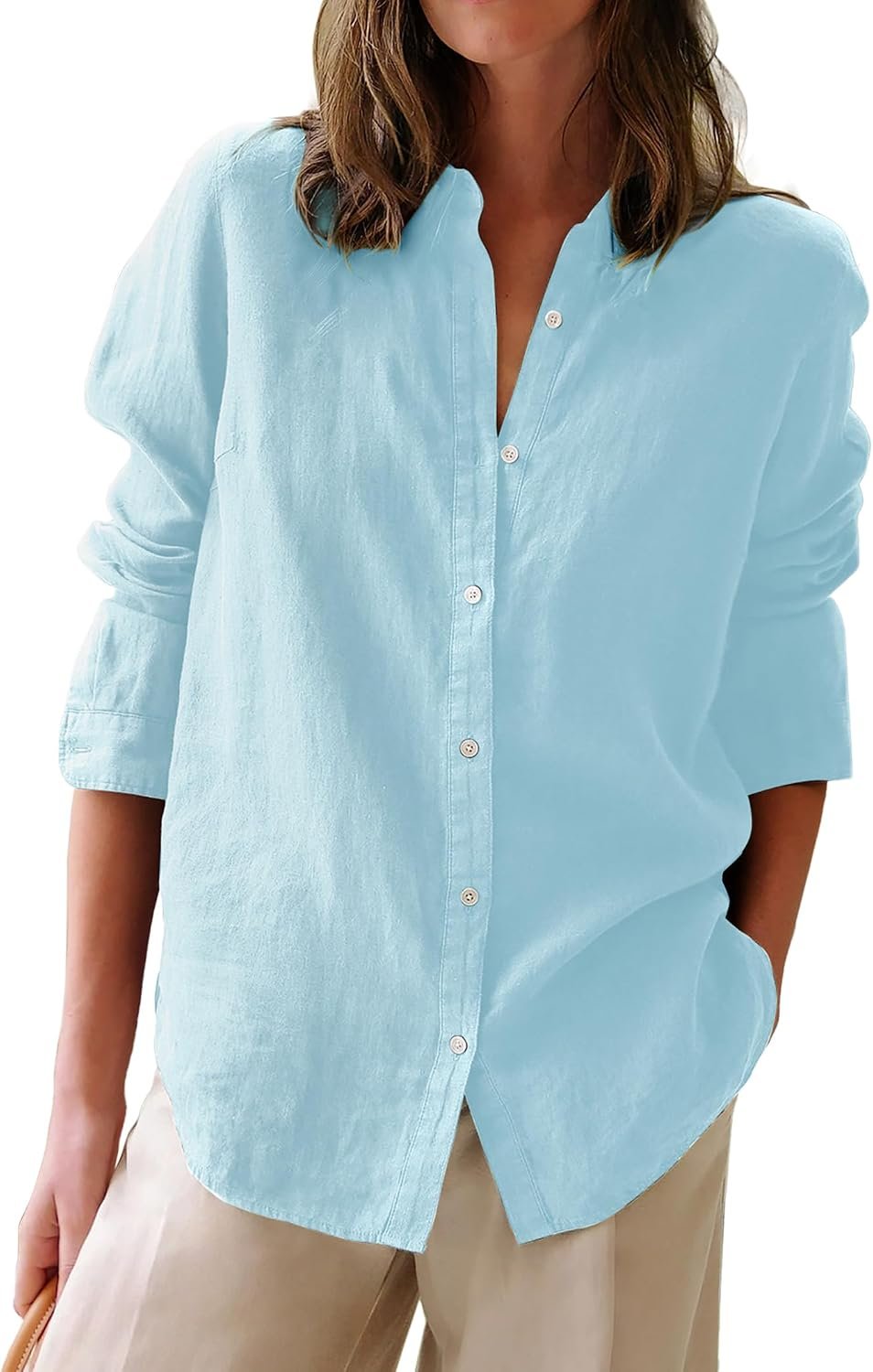 Long‑Sleeve Cotton Oxford Button‑Down Shirt for Ladies, Solid Collared Tunic Blouse for Work Casual