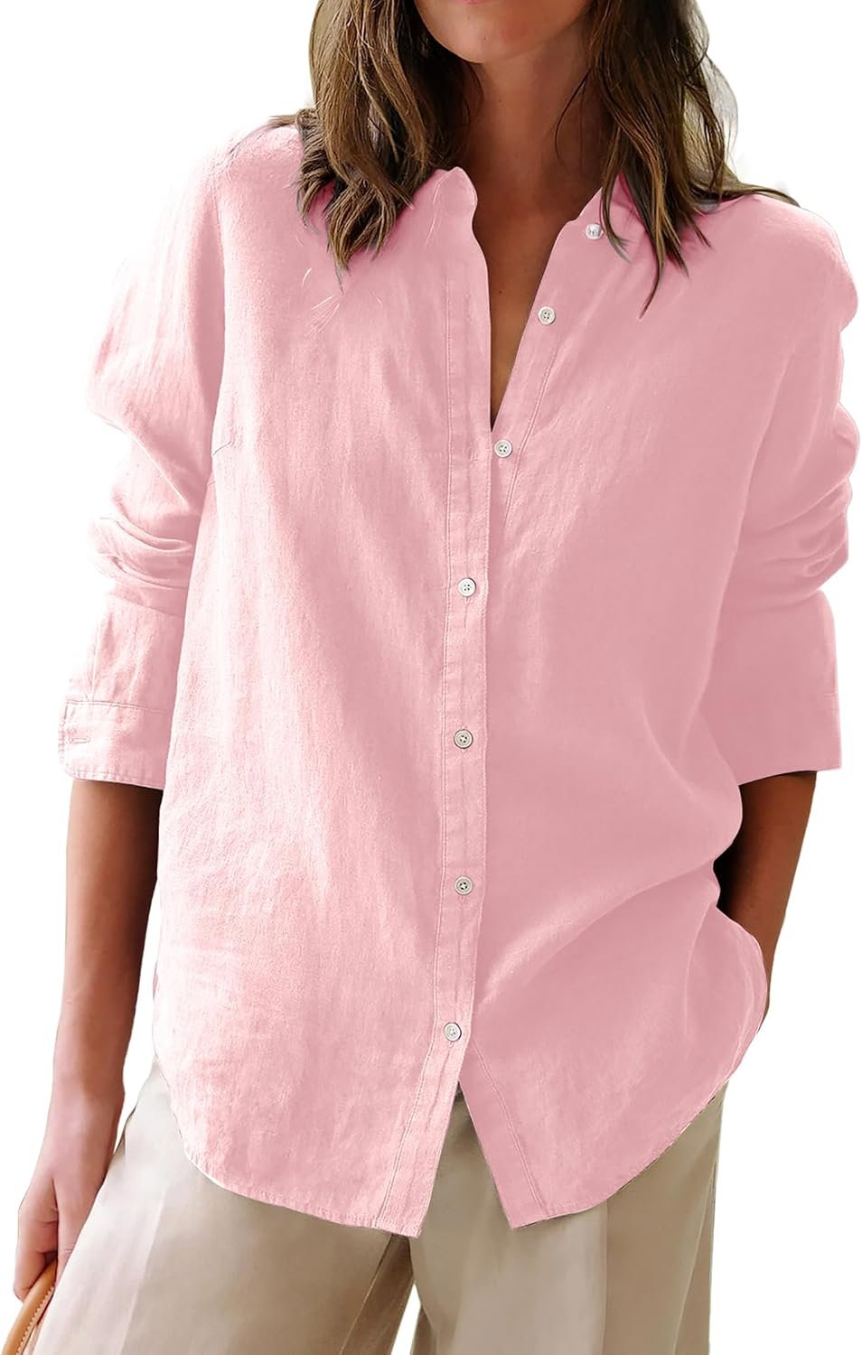 Ladies Collared Solid Cotton Oxford Dress Shirt, Long‑Sleeve Button‑Down Tunic for Office Daily Wear