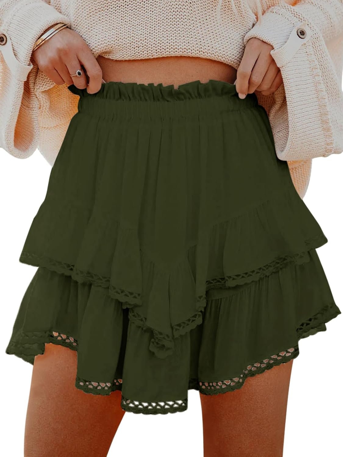 Women High‑Waist Crochet Boho Tiered Ruffle Skort, Mini Skirt for Golf and Tennis Casual Outfit