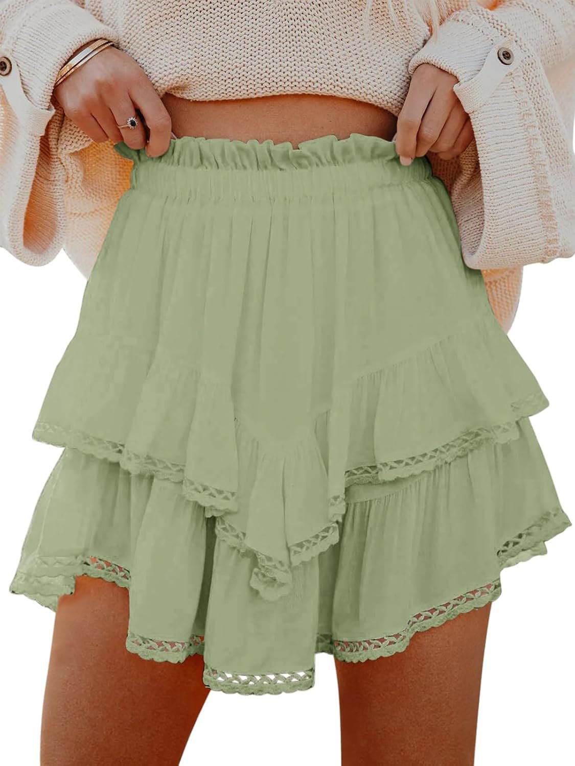 Ladies High‑Waisted Tiered Ruffle Boho Skort, Crochet Mini Skirt for Golf Games & Tennis Practice