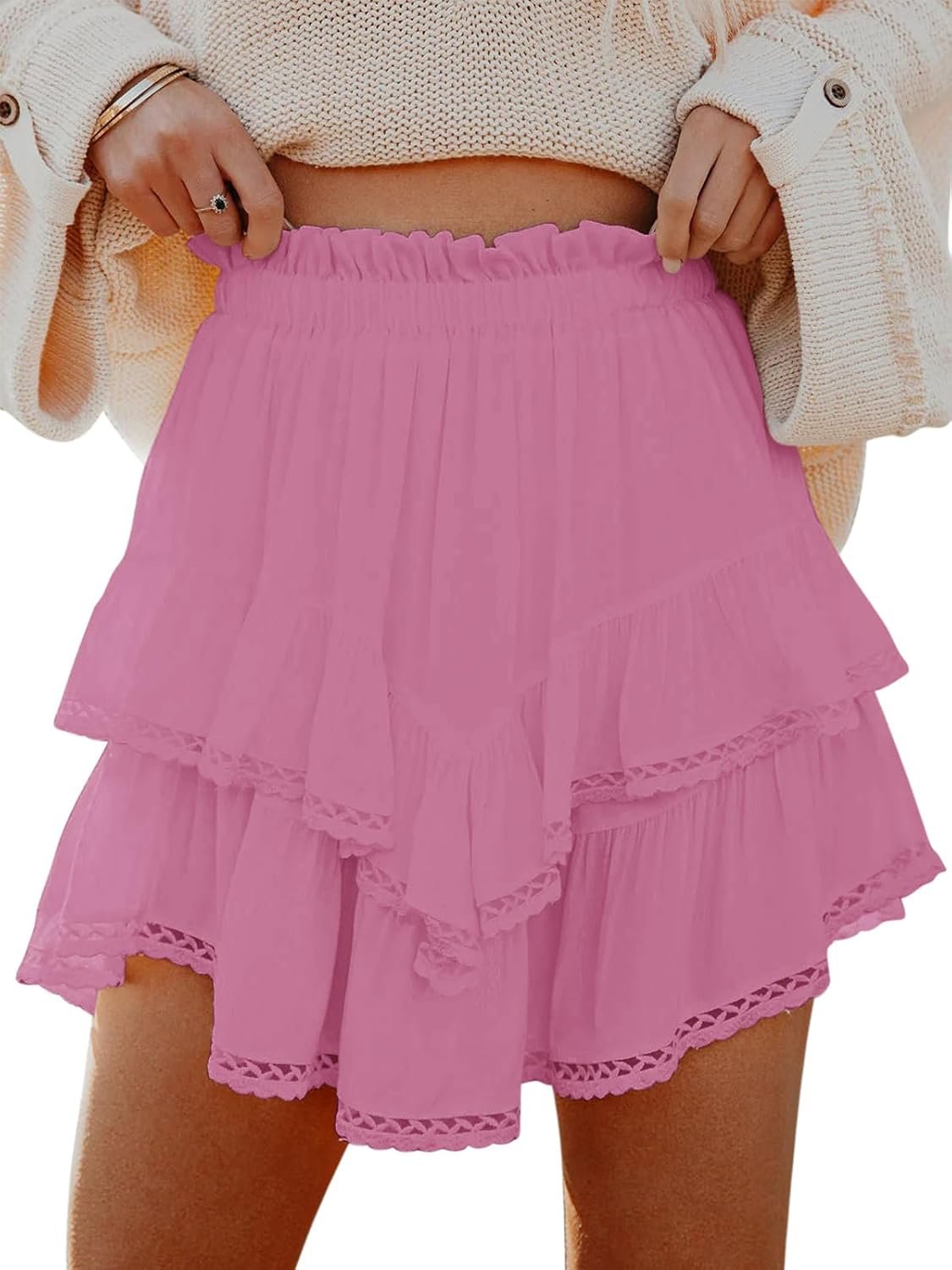 Ladies  Crochet Boho Tiered Ruffle Skort, High Waist Mini Skirt suitable for Golf and Tennis Sessions