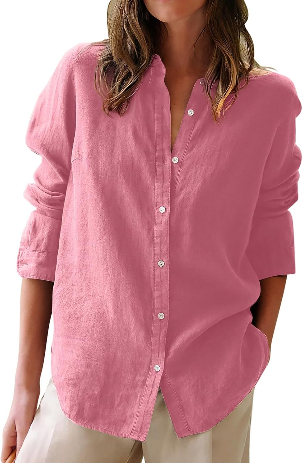 Ladies Cotton Oxford Collared Button‑Down Blouse, Long‑Sleeve Solid Tunic Shirt for Work & Casual