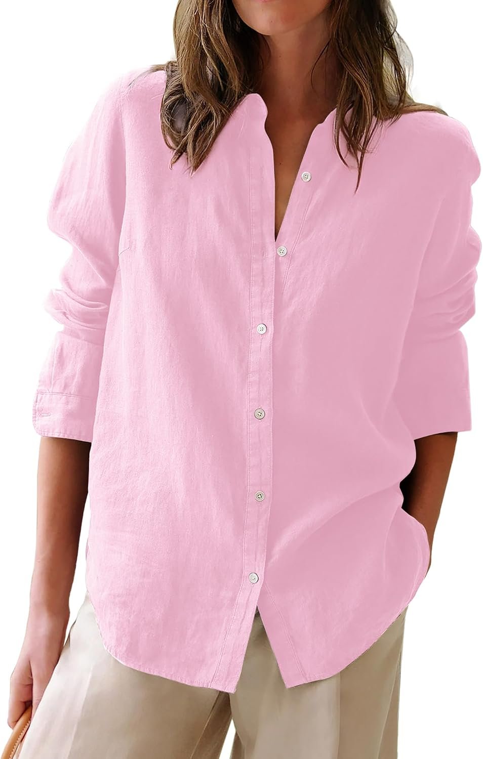 Solid Collared Oxford Tunic Blouse for Women, Long‑Sleeve Button‑Down Cotton Shirt for Work Outfit
