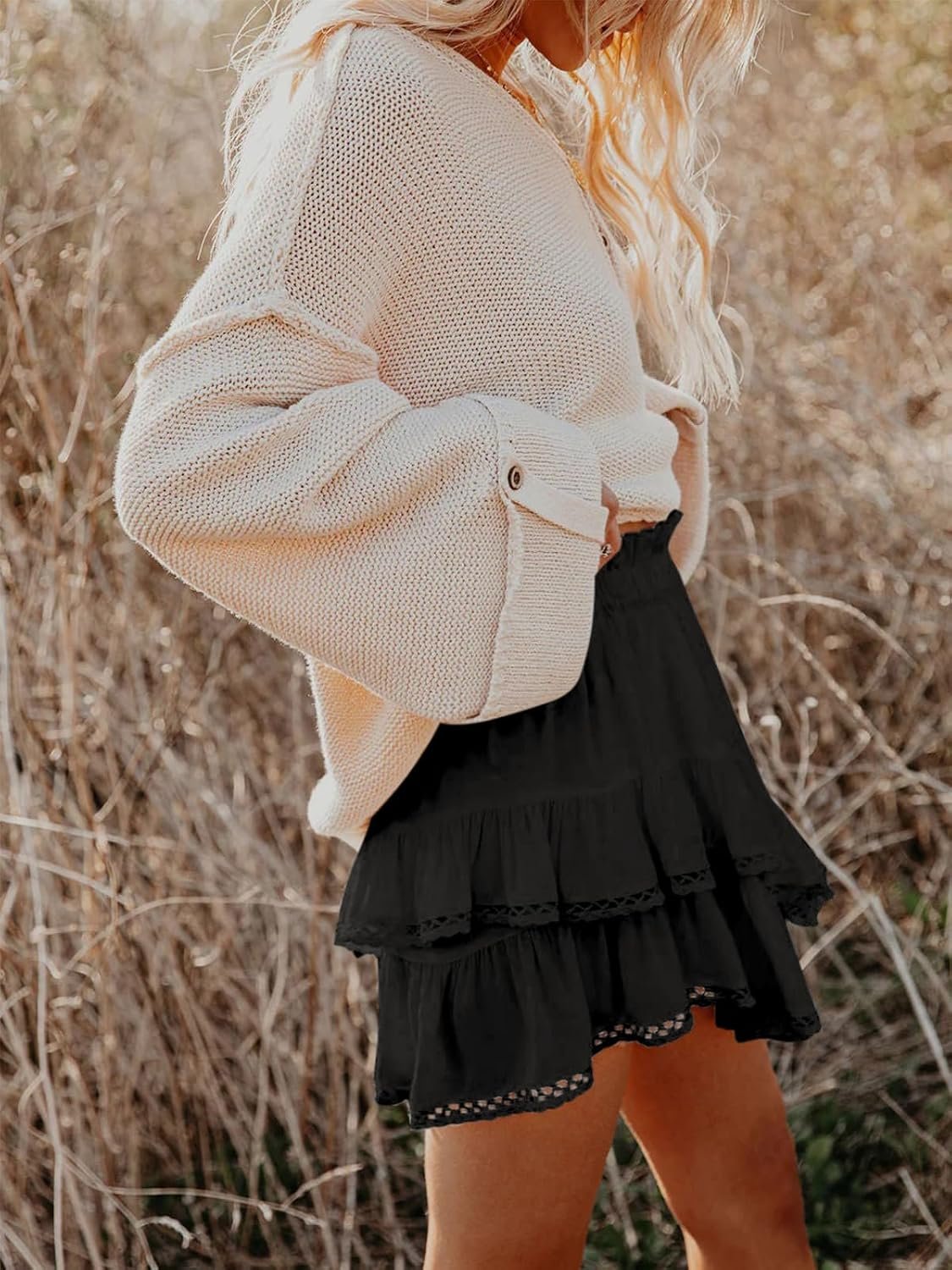 Women High‑Waist Tiered Ruffle Boho Skort, Crochet Detail Mini Skirt for Golf and Tennis Activities - Image 3