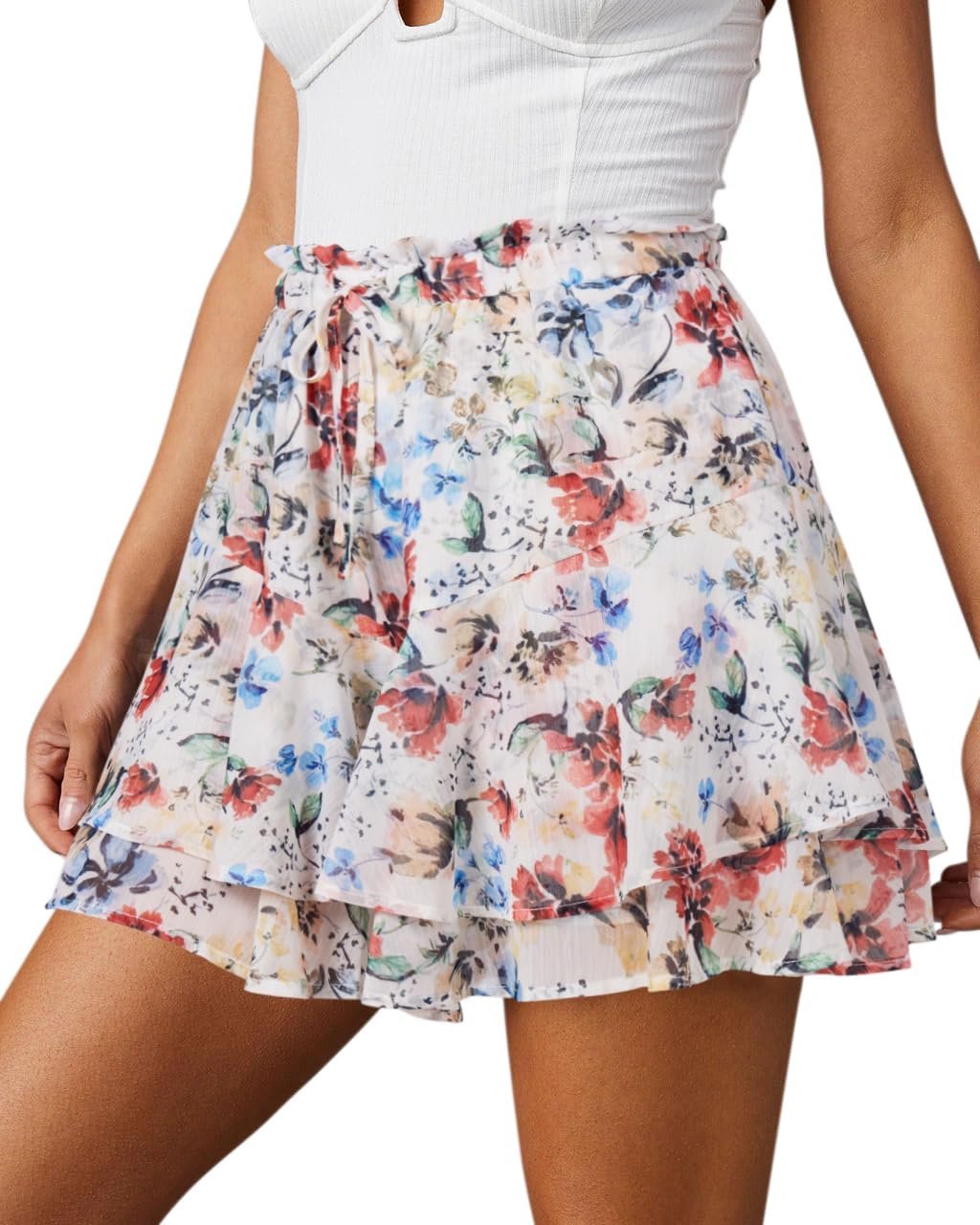 Boho Floral Ruffled Chiffon Mini Skort, Women Flowy Sport Shorts for Tennis Games and Running