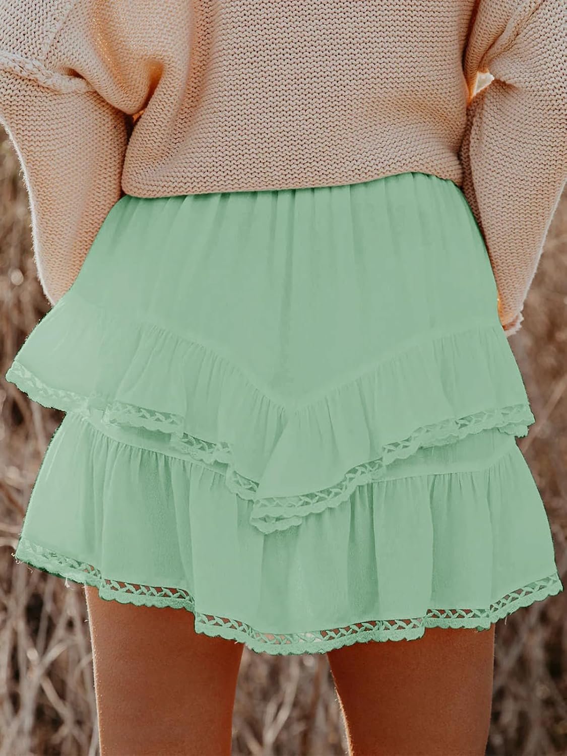 Ladies Tiered Ruffle Crochet Boho Skort from , High‑Waist Mini Skirt for Golf and Tennis Outfit - Image 2