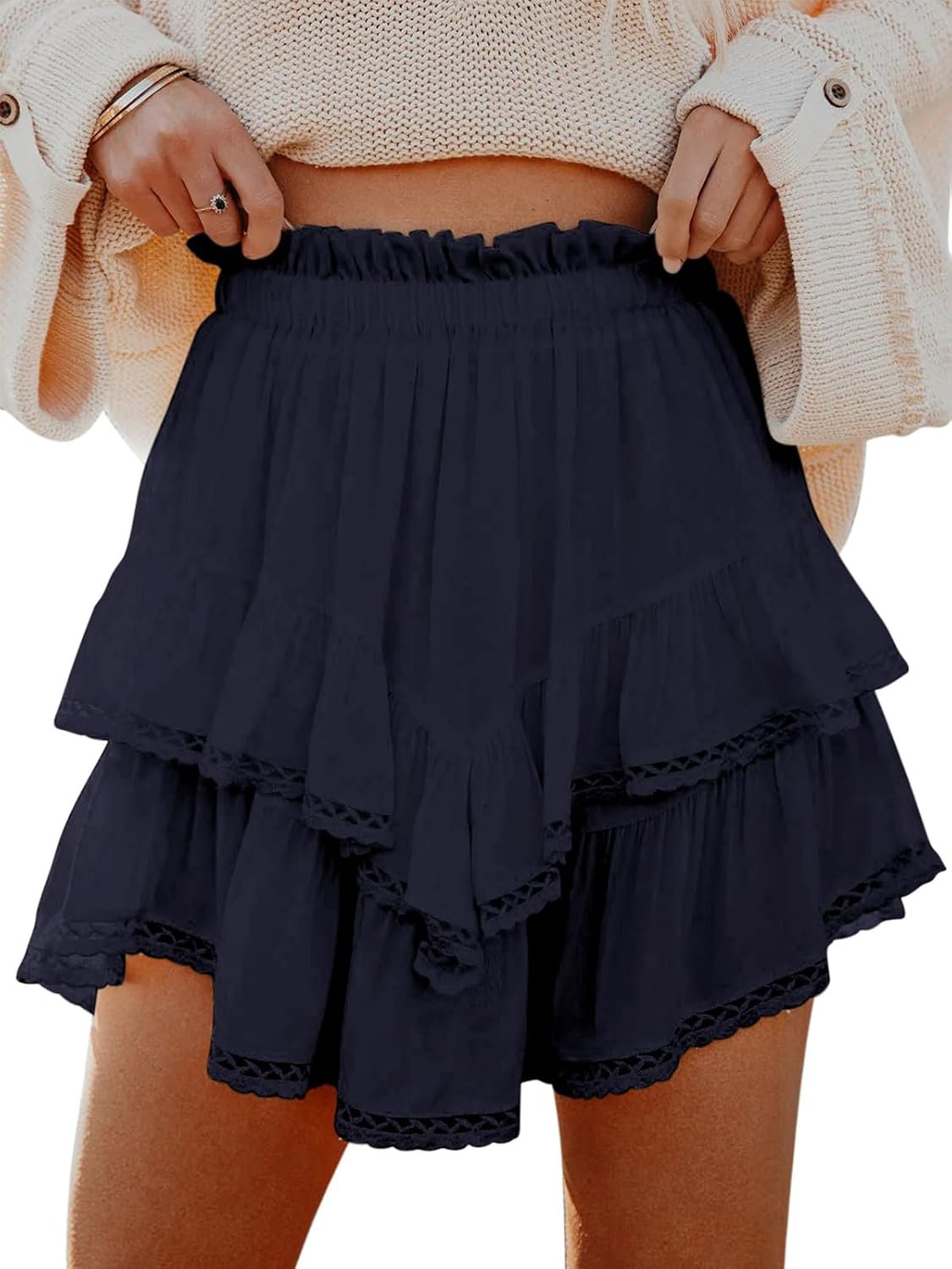 Boho High‑Rise Tiered Ruffle Skort, Ladies Crochet Mini Skirt built for Golf and Tennis Sports
