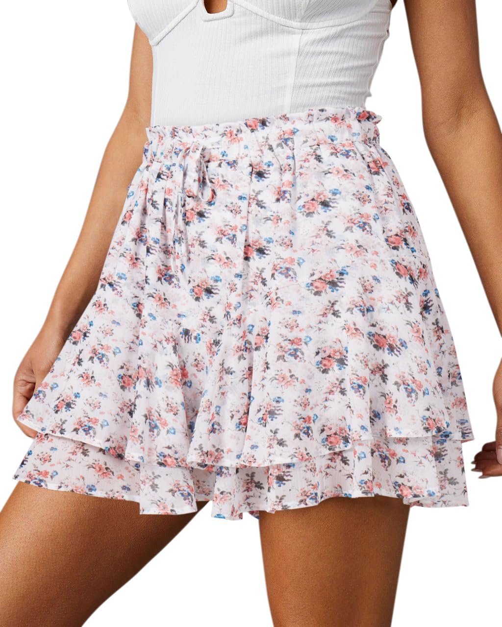 Women’s Boho Floral Chiffon Skort, Ruffled Mini Flow Shorts built for Tennis Matches and Jogging