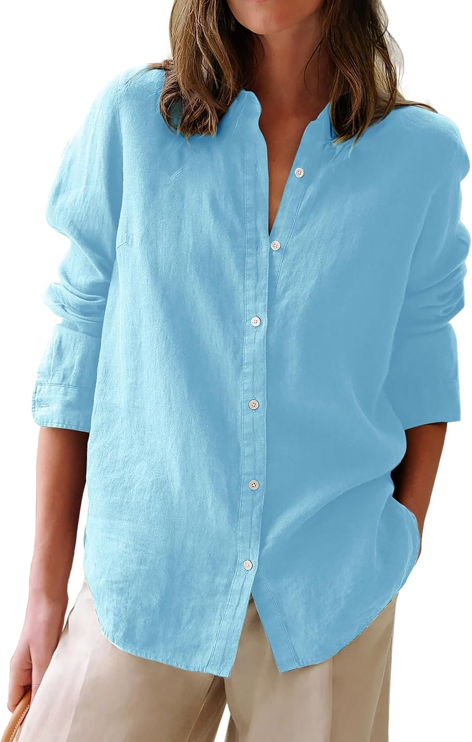 Women Long‑Sleeve Solid Collared Cotton Oxford Shirt, Button‑Down Tunic Blouse for Daily Work Wear