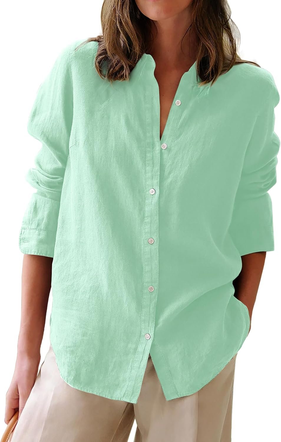 Cotton Oxford Collared Long‑Sleeve Button‑Down Top for Women, Solid Tunic Blouse for Work Occasions