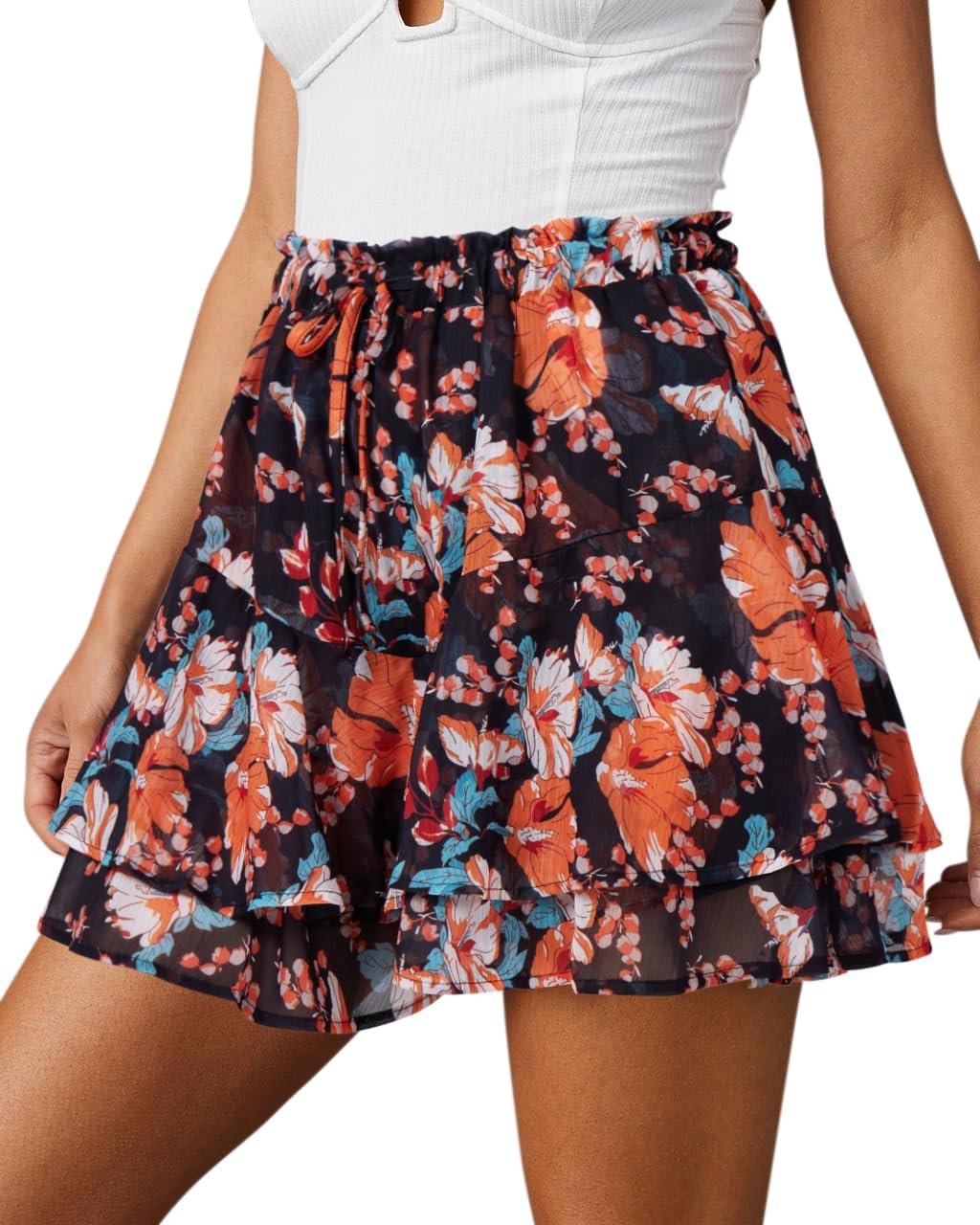 Butterfly Print Boho Chiffon Skort, Ladies Ruffled Flow Mini Shorts for Tennis Sports and Jogging