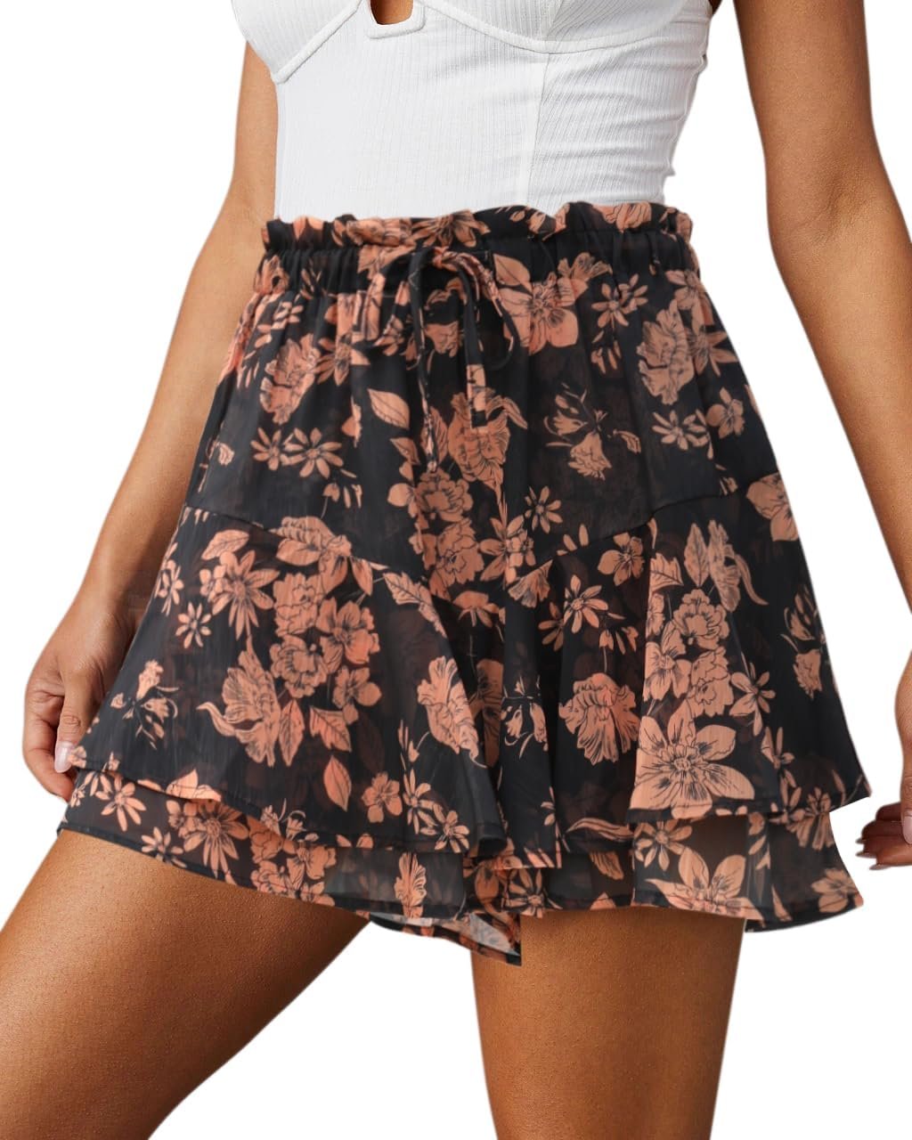 Ladies Casual Flow Chiffon Skort, Boho Floral Ruffle Mini Short for Tennis Training and Outdoor Run