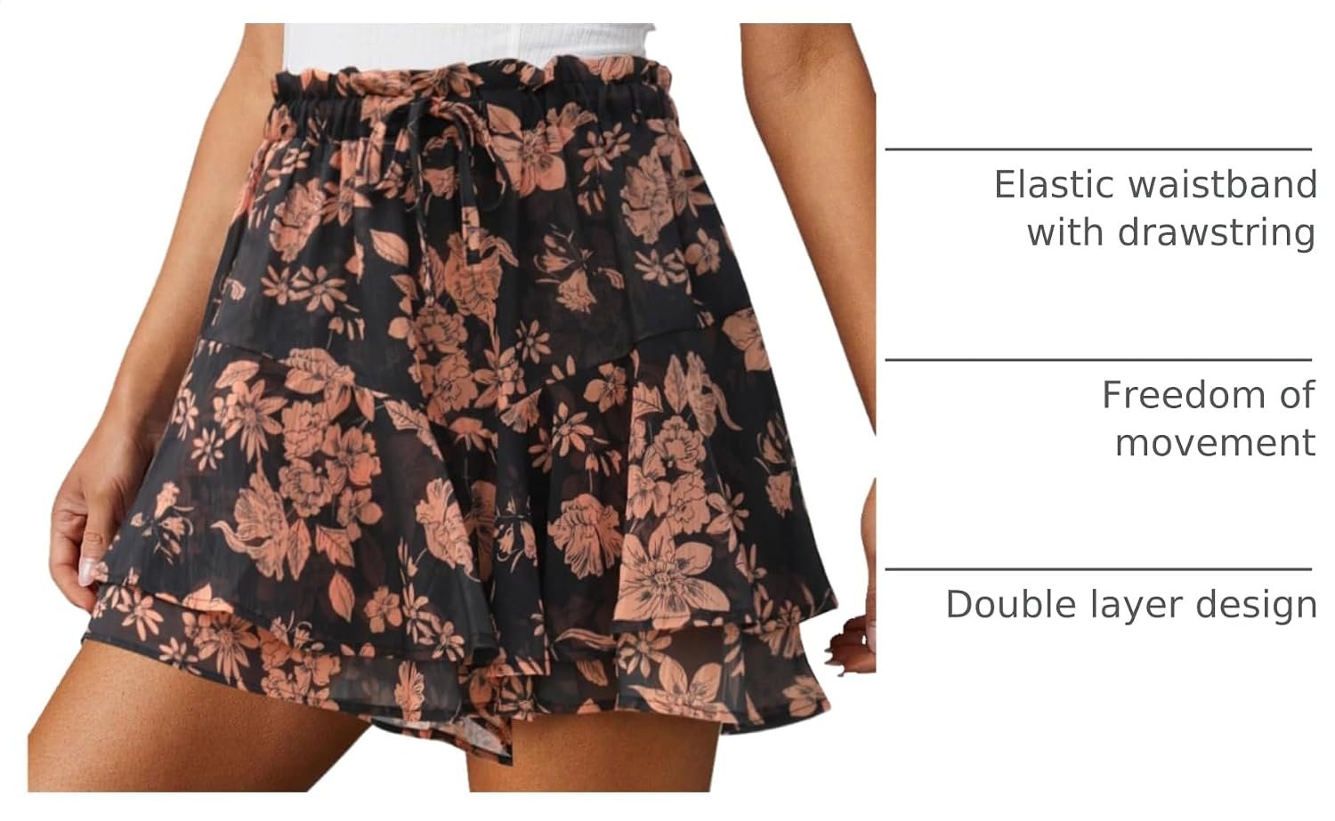 Ladies Casual Flow Chiffon Skort, Boho Floral Ruffle Mini Short for Tennis Training and Outdoor Run - Image 4