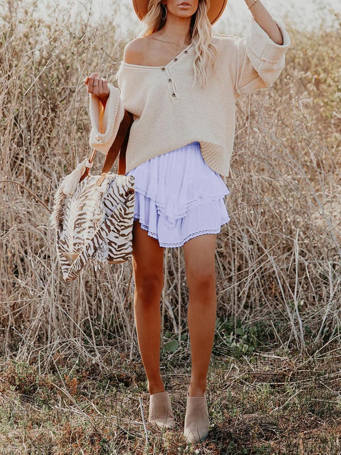 Women’s Crochet‑Trim Boho Tiered Ruffle Skort, High Waist Mini Skirt for Golf and Tennis Use - Image 3