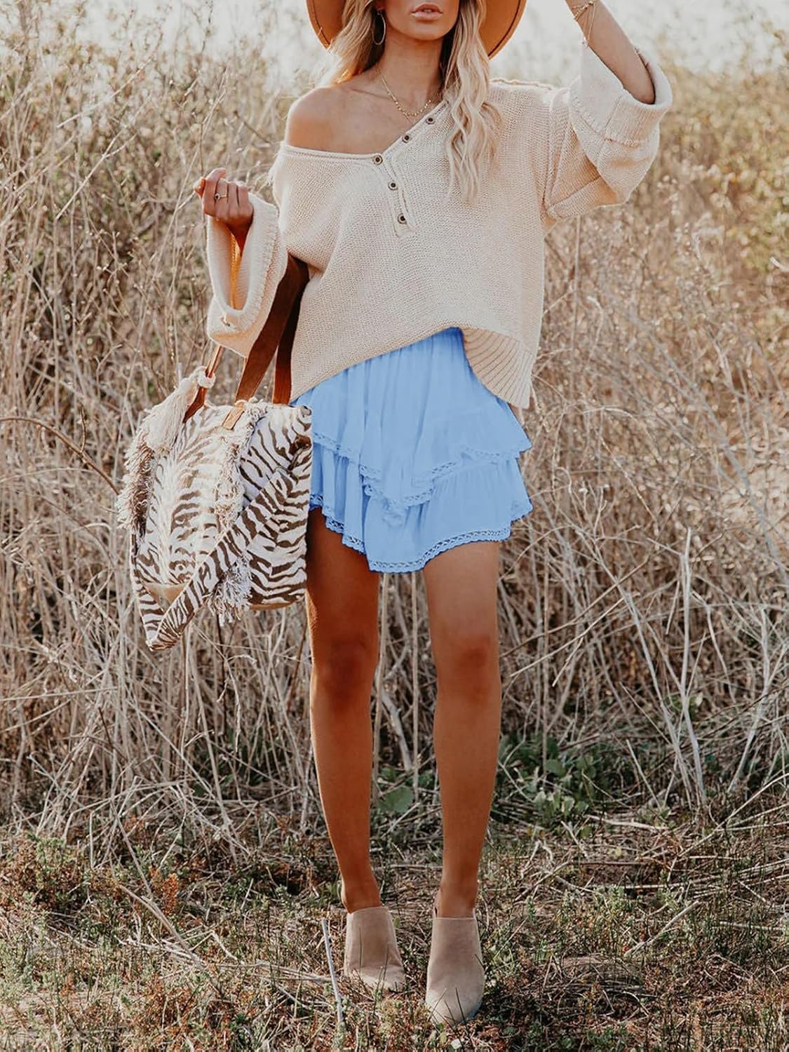 Women Boho Tiered Ruffle High‑Waist Skort, Crochet Accent Mini Skirt for Golf & Tennis Matches - Image 3
