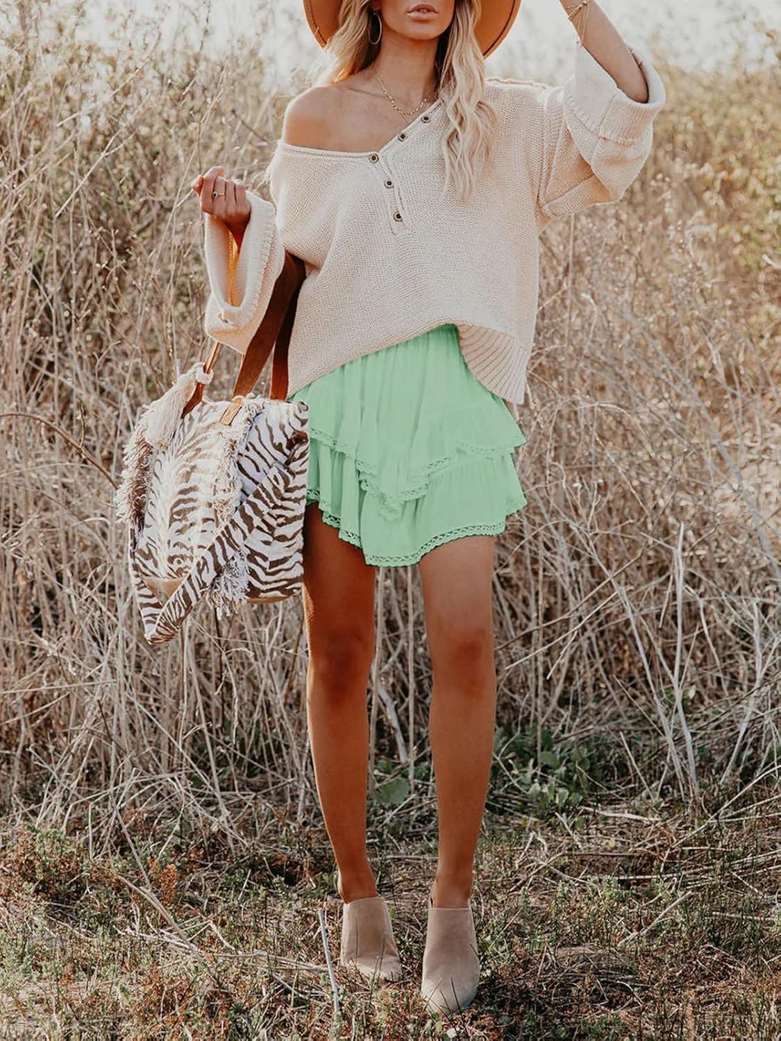 Ladies Tiered Ruffle Crochet Boho Skort from , High‑Waist Mini Skirt for Golf and Tennis Outfit - Image 3